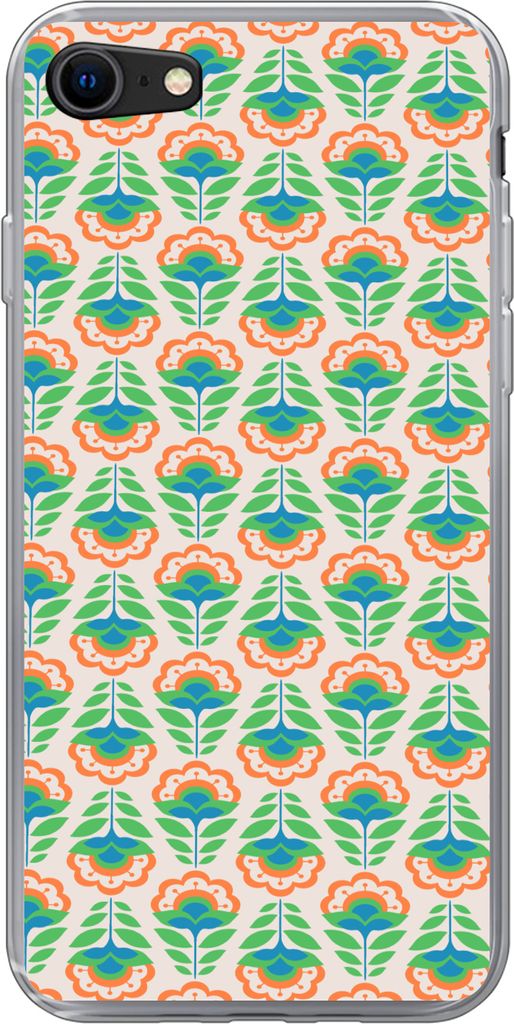 MuchoWow Handyhülle Schutzhülle Hülle für Telefoonhoesje iPhone 8 Retro - Blumen - Design - Grün - Orange Silikon Softcase Handy Hülle - Sc...