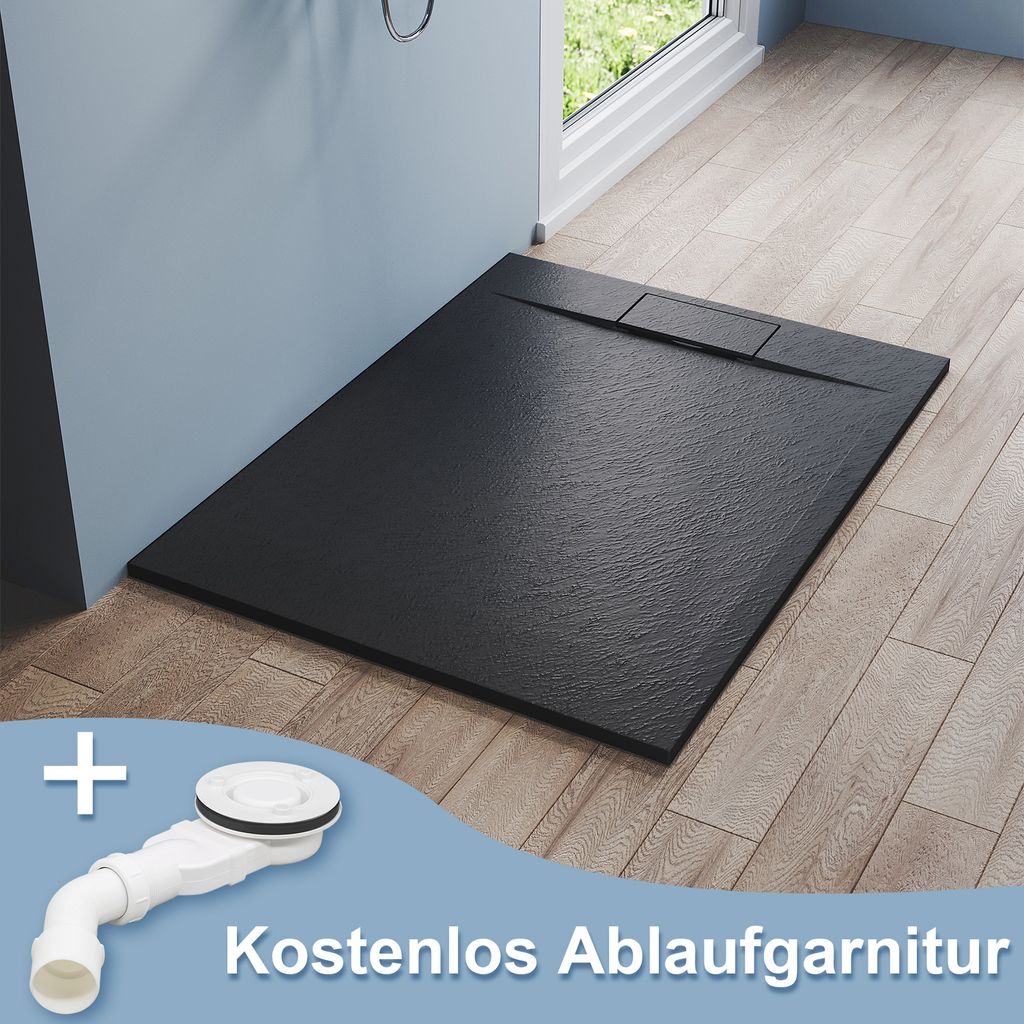 SONNI Duschwannen Walk-in-Dusche Duschtasse 120×90cm Schwarz mit Siphon Schieferoptik SMC Antirutsch Rechteckig Flach