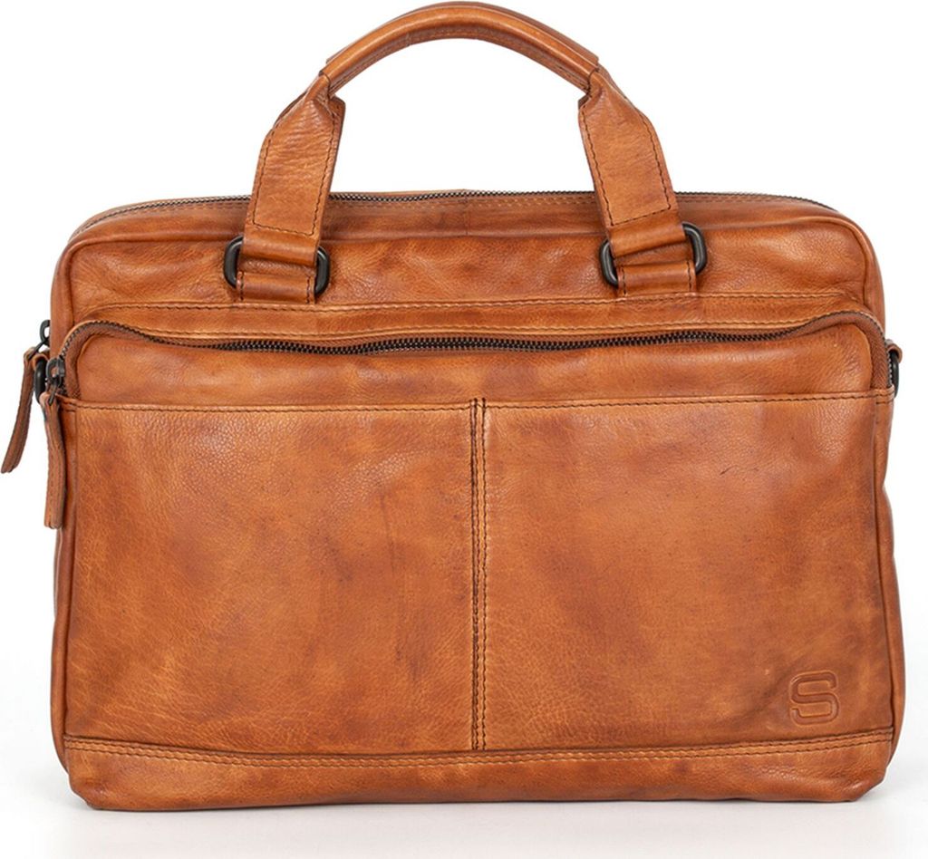 SPIKES & SPARROW Leder Businesstasche Schultertasche mit Laptopfach Steven Business Bag Brandy braun