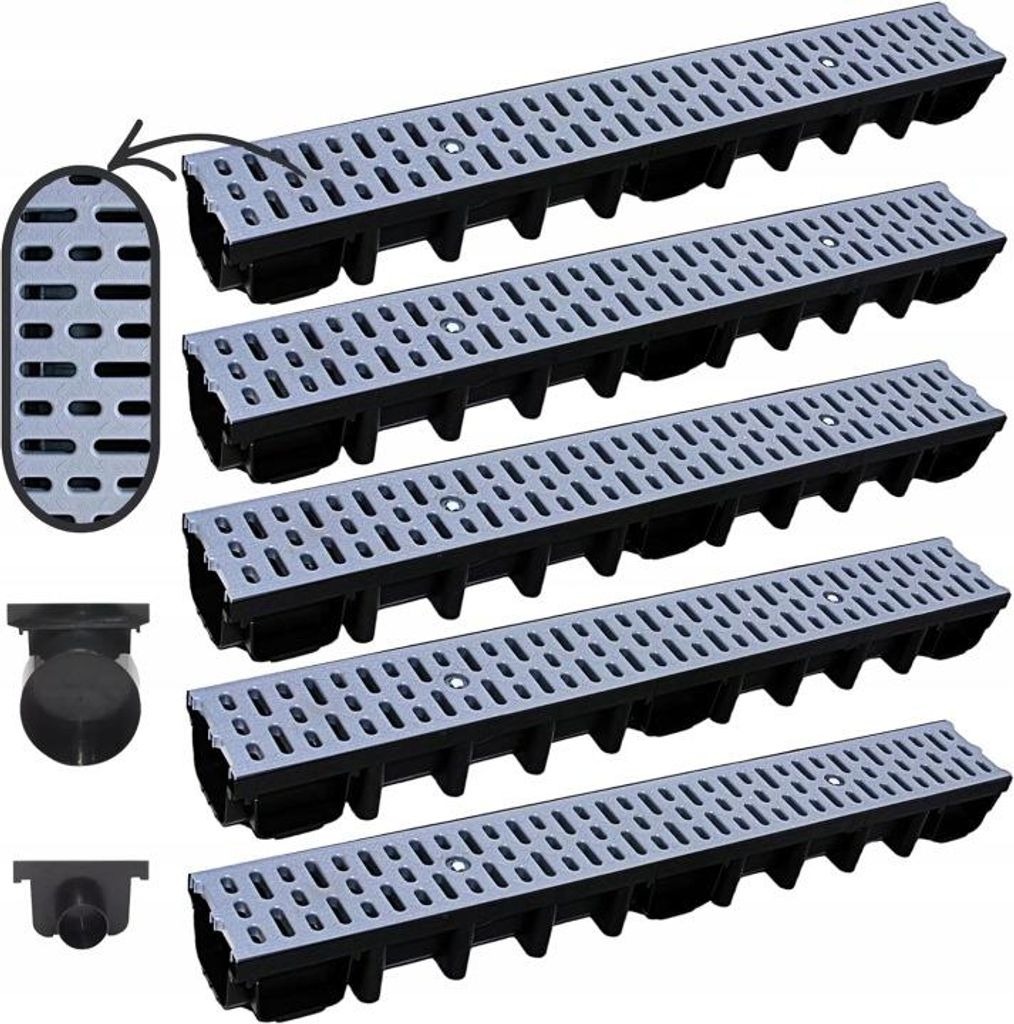 Megaa store 5m Entwässerungsrinne 98 mm – Komplettset A15 Kunststoffrinne Schwarz/Grau/Verzinkt Verschiedene Rostmuster Drainagerinne Bodenrinne