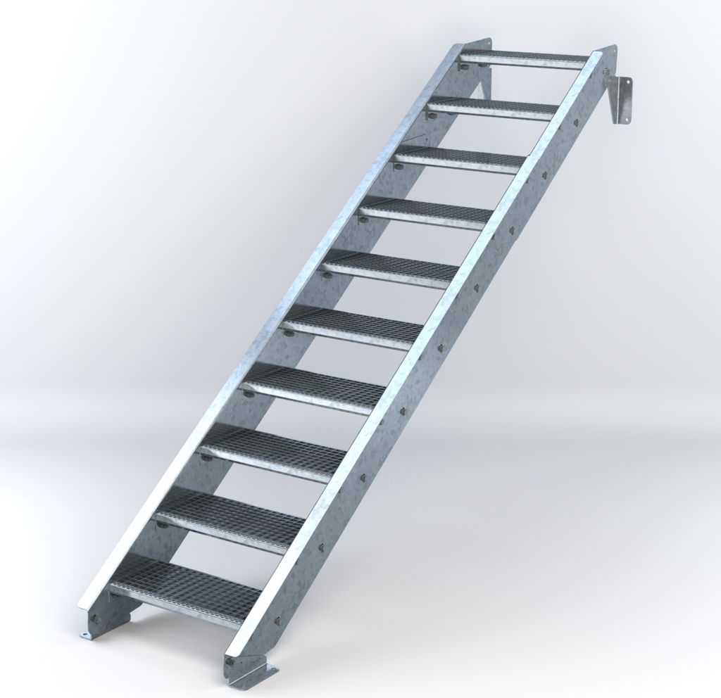 Stahltreppe 10 Stufen bis Höhe 200 cm, Laufbreite : 60 cm kein Geländer ST 2 (31 / 31 mm gezackt)
