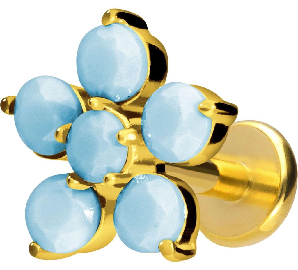 Ohrpiercing, Nasenpiercing Titan Labret mit Push Fit BLUME + SYNTHETISCHE TÜRKISE Gold Stablänge: 8mm | Stabstärke: 1,2mm