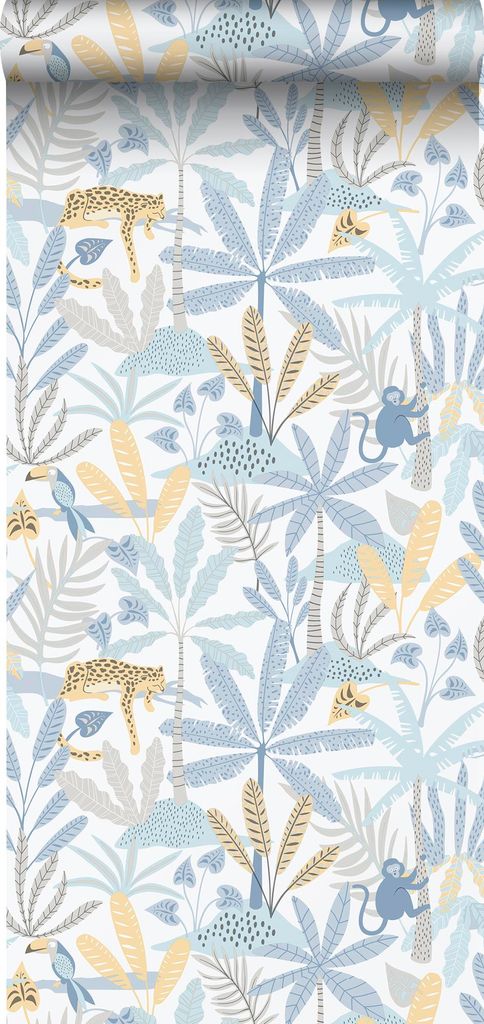 Sanders & Sanders Tapete Dschungeltiere Blau, Grau und Gelb 53 cm x 10.05 m