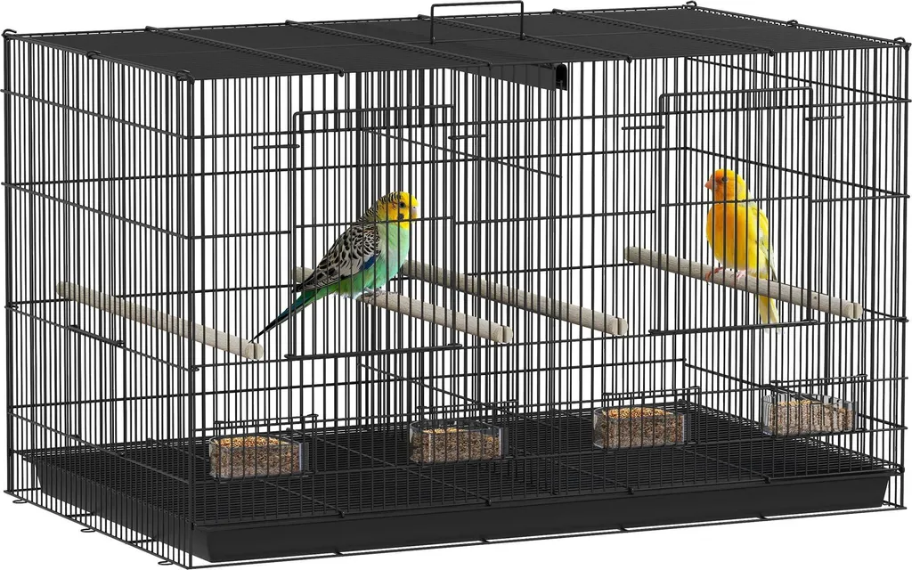Cage oiseaux double compartiment avec 4 mangeoires et perchoirs fournis