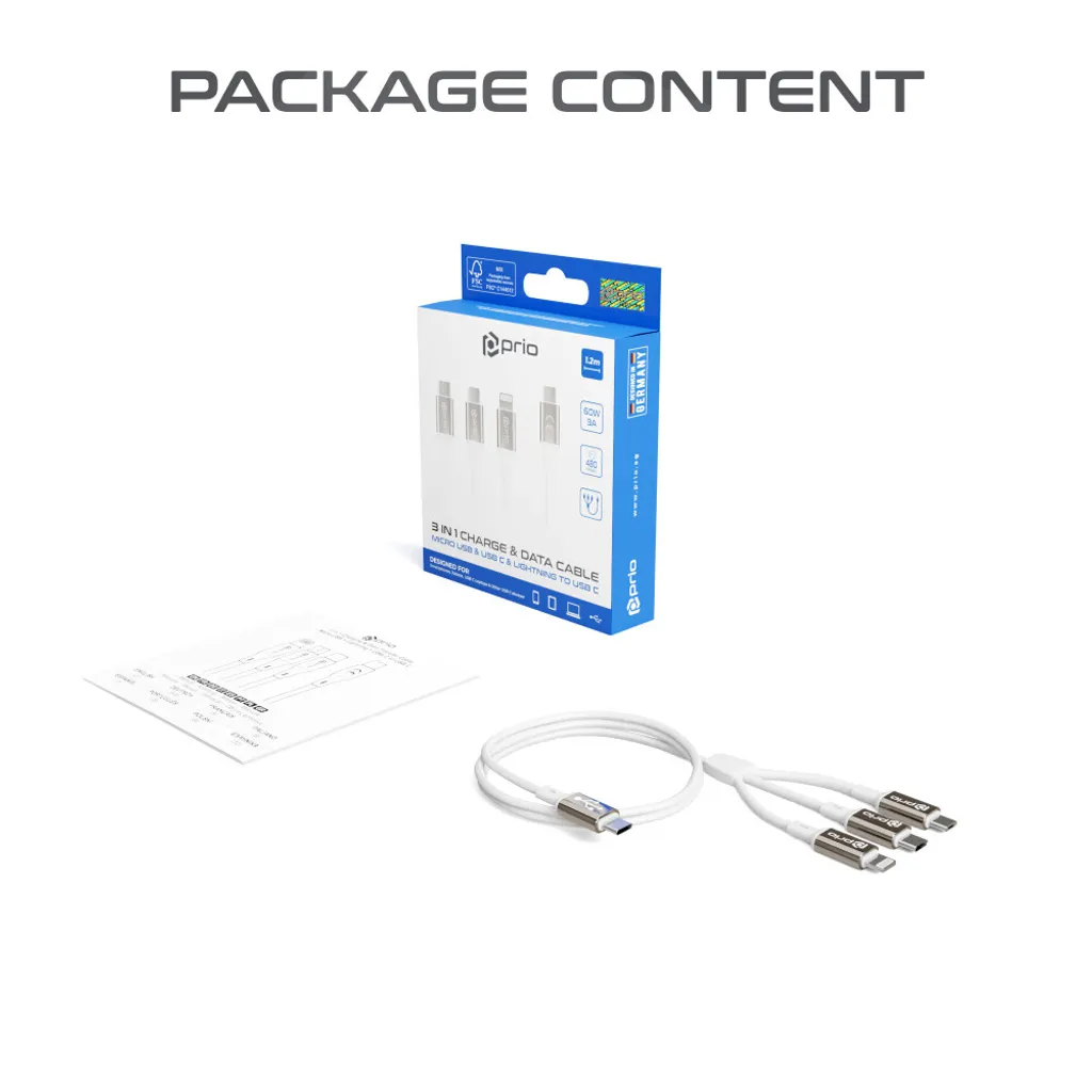 Prio Cavo 3 in 1 Micro USB, Lightning e USB-C a USB-C 3A Bianco 1,2m - 2