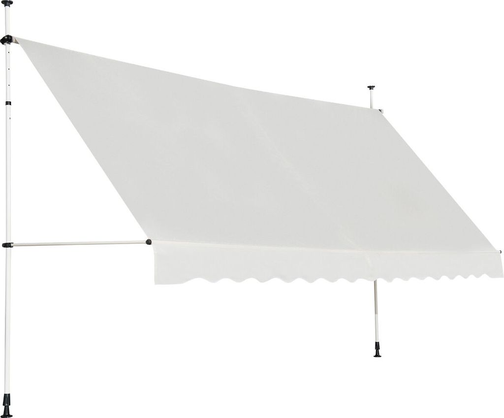 A white awning supported by metal poles against a white background.