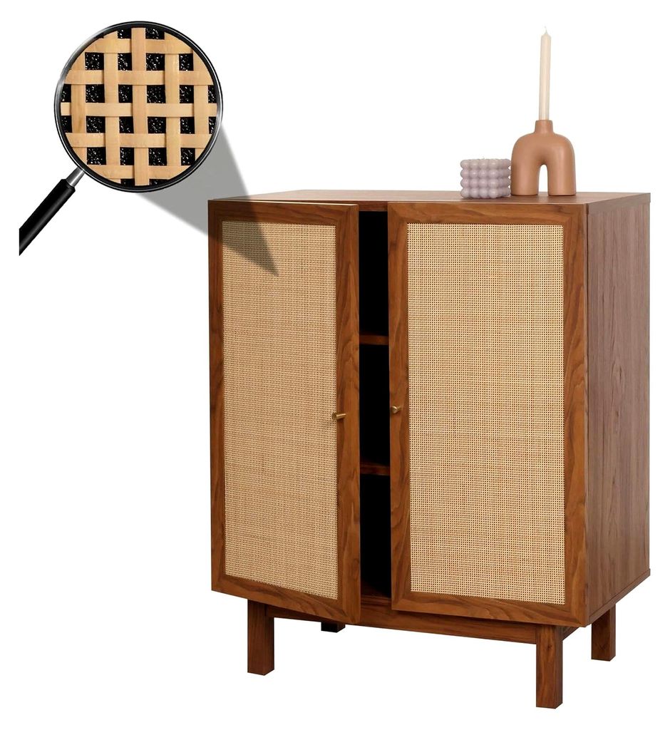Highboard, Kommode, Schrank, Sideboard, Staufächer, Kubu Rattan 98x79x42cm - Walnuss-Optik