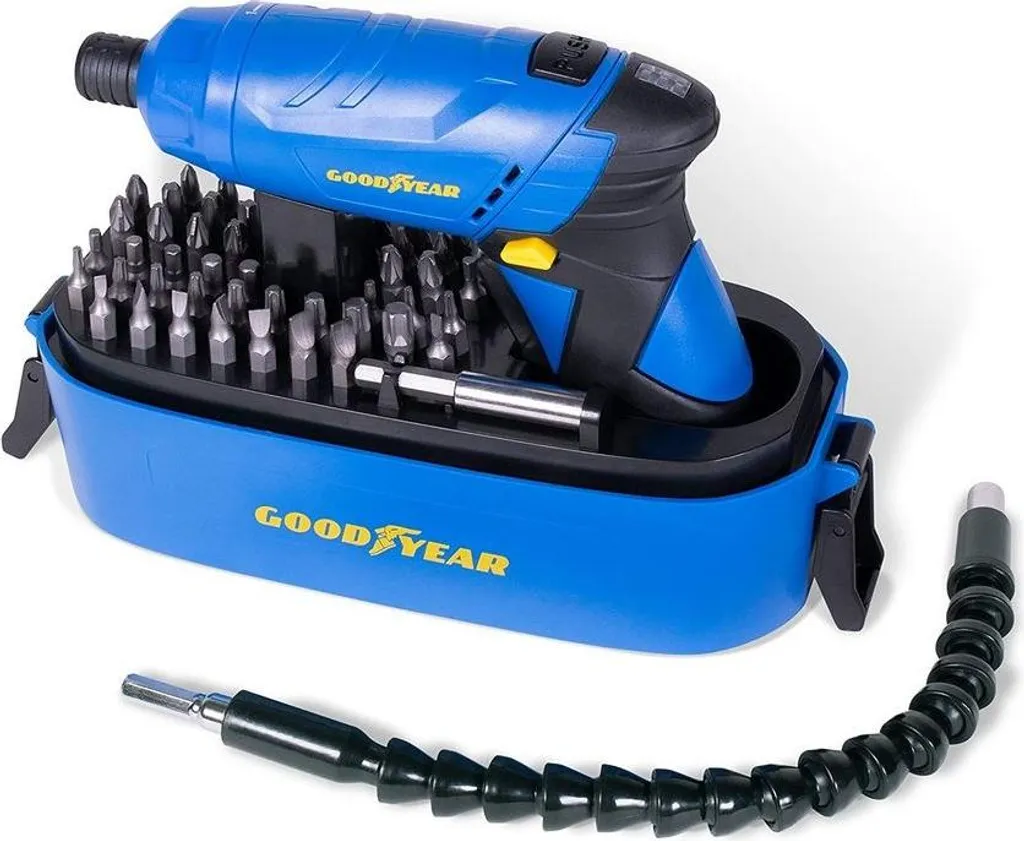 Visseuse Goodyear 3.6V à tête pivotante avec kit complet d'embouts