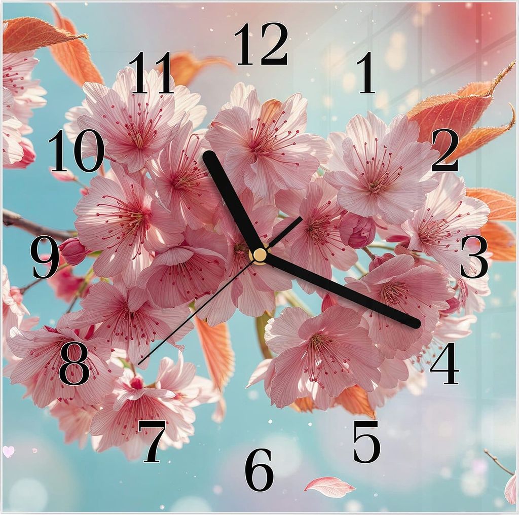 Wanduhr aus Glas mit Motiv Kirschblüte Himmel- 30 x 30 cm - inkl. Aufhängesystem