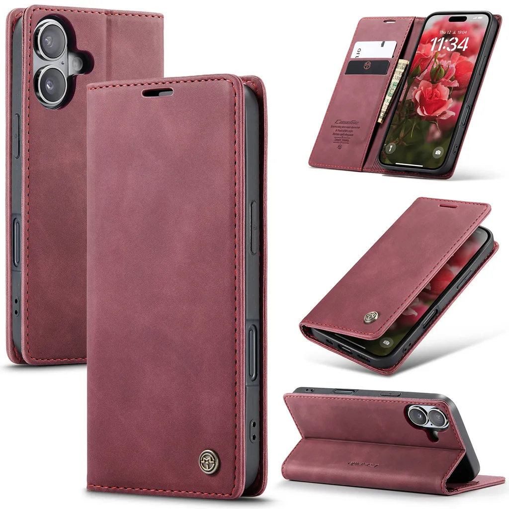 Custodia Vintage iPhone 16 Plus Rossa Finto Cuoio - Look Retrò e Stand