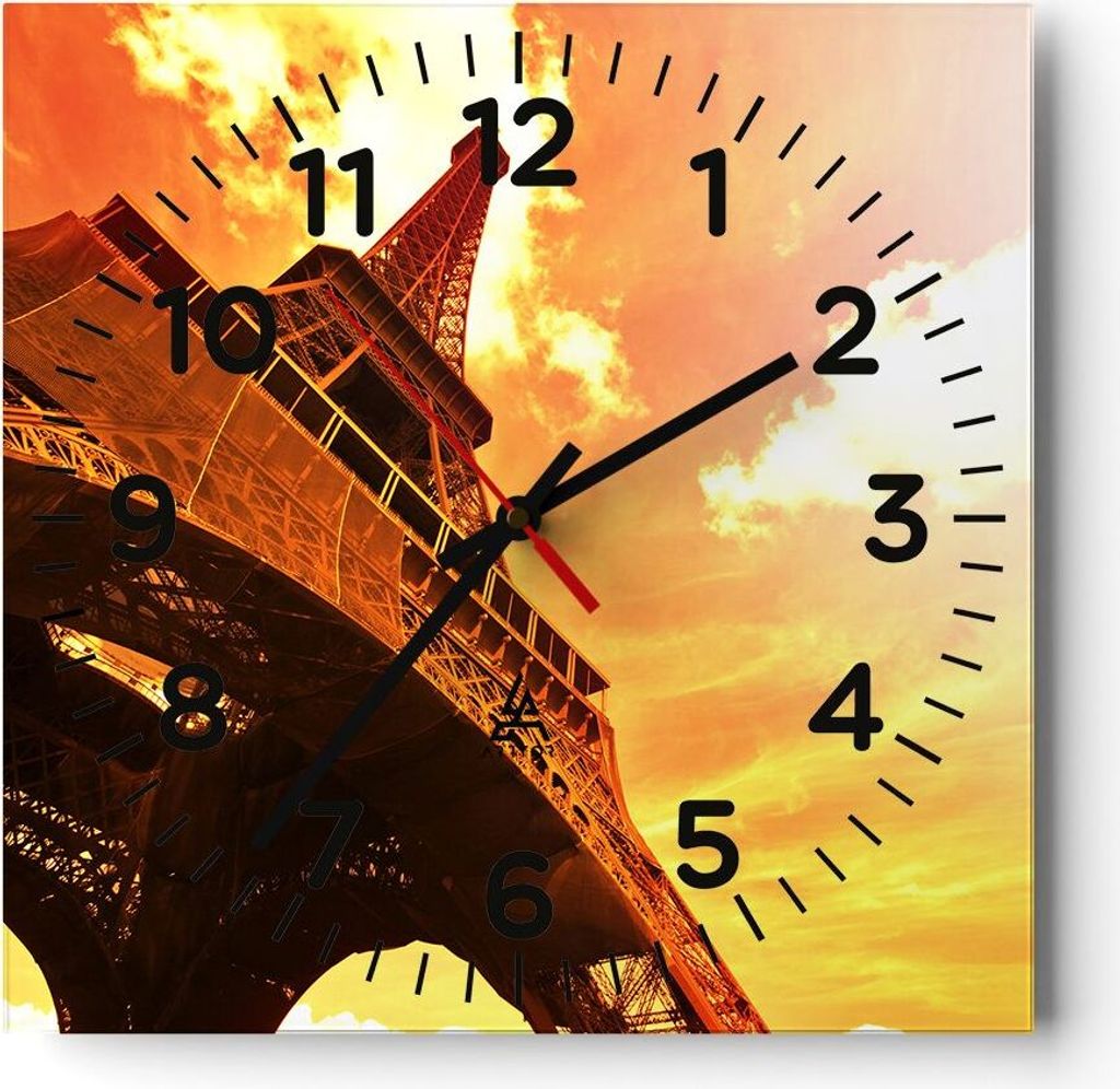 Wanduhr - Quadrat - Glasuhr - Eiffelturm Paris Stadt Bau - 30x30cm - Schleichendes Uhrwerk - Lautlos - zum Aufhängen bereit - Dekoration Modern - ...