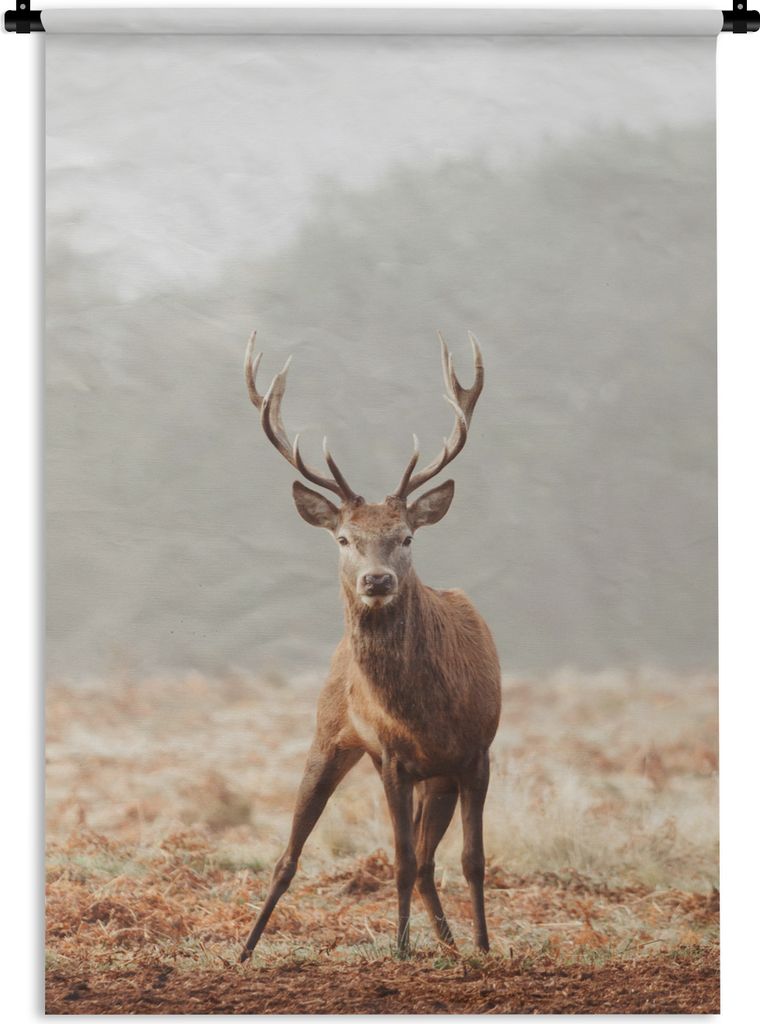 MuchoWow Wandteppich Wandbehang Hirsche - Wald - Nebel 60x90 cm Tapisserie Dekoration Wandtuch - Foto-Teppich - Abwaschbar