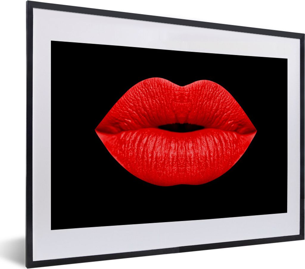 MuchoWow MuchoWow Gerahmtes Poster Lippen - Rot - Schwarz 40x30 cm - Poster mit zchwarzem Bilderrahmen - Bilderrahmen - Poster im Rahmen