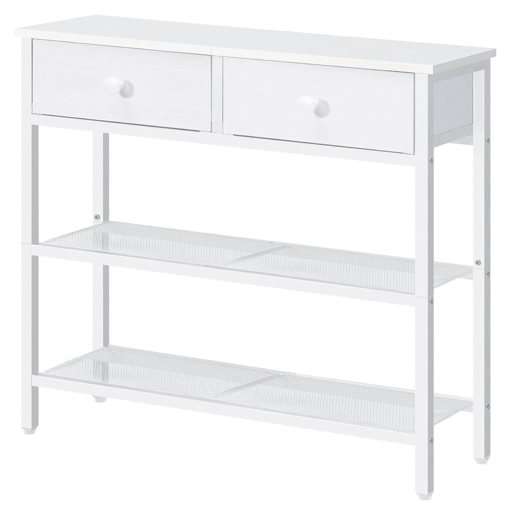 Schmaler Konsolentisch, 75 cm Flurtisch mit Schublade und 2 Ablagefächern, Beistelltisch, kleiner Ausstellungstisch, Sofatisch, Eingang, Flur, Weiß