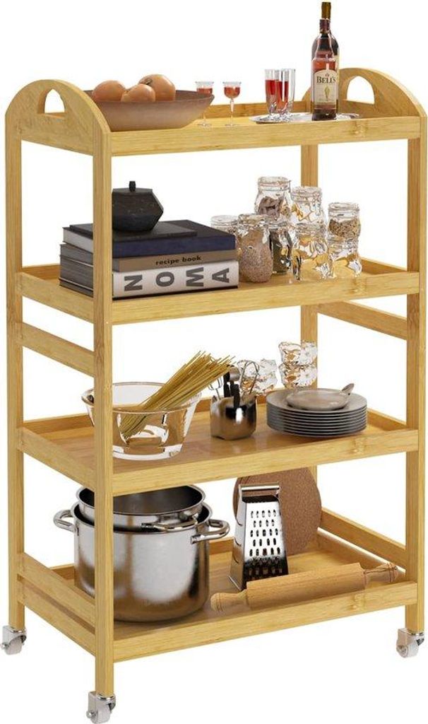 Serviertrolley Holz mit 3 Ablagen, erhöhten Rändern, Rollen, 53x30,5x80 cm