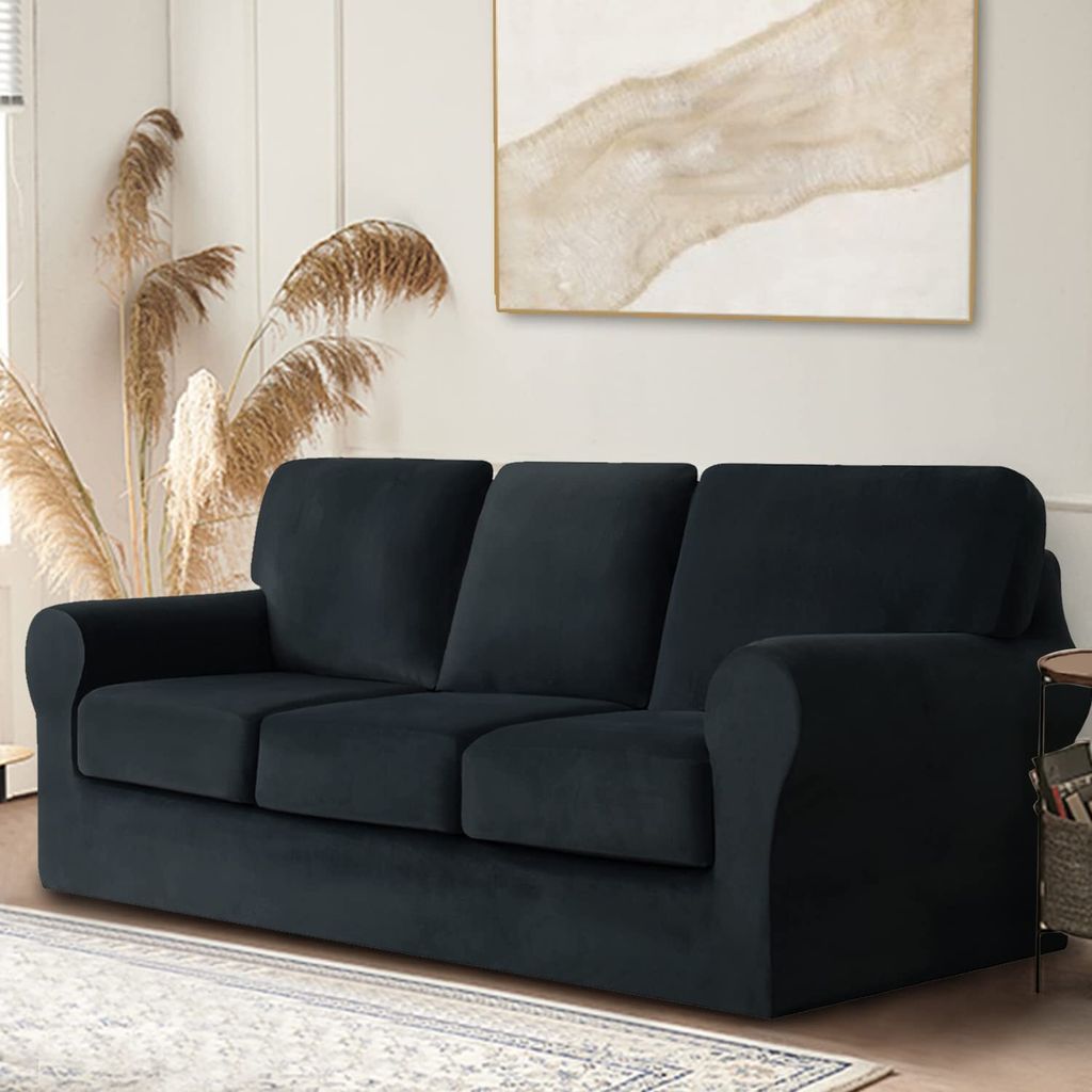 Samt-Stretch-Sofabezug mit separatem Rückenlehnenbezug und Sitzkissenbezug, Anti-Rutsch-Sessel-Sofa-Überzug mit Gummiband für Wohnzimmer (3-sitz...