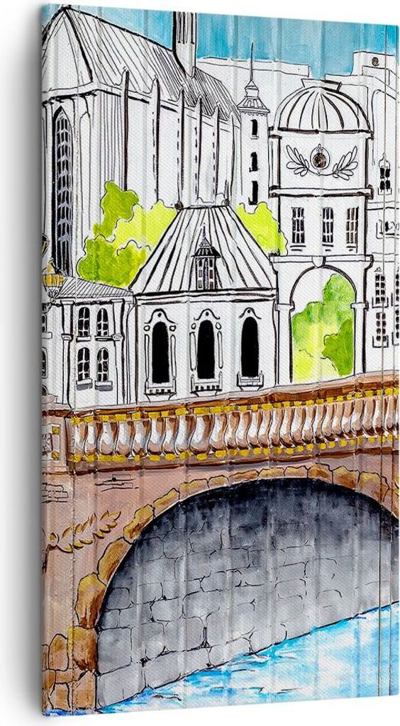 Bild auf Leinwand - Leinwandbild - Frankreich brücke zeichnung - 45x80cm - Wand Bild - Wanddeko - Leinwanddruck - Bilder - Kunstdruck - Wanddekora...
