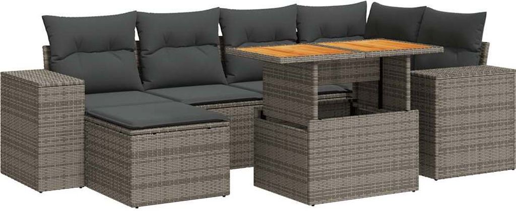 7-tlg. Garten-Sofagarnitur mit Kissen Grau Poly Rattan