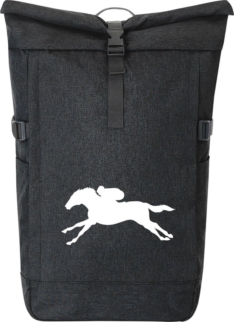 Huuraa Kurierrucksack Pferderennen Silhouette 30-44 Liter Black Melange Fairtrade Rolltop Rucksack Geschenkidee