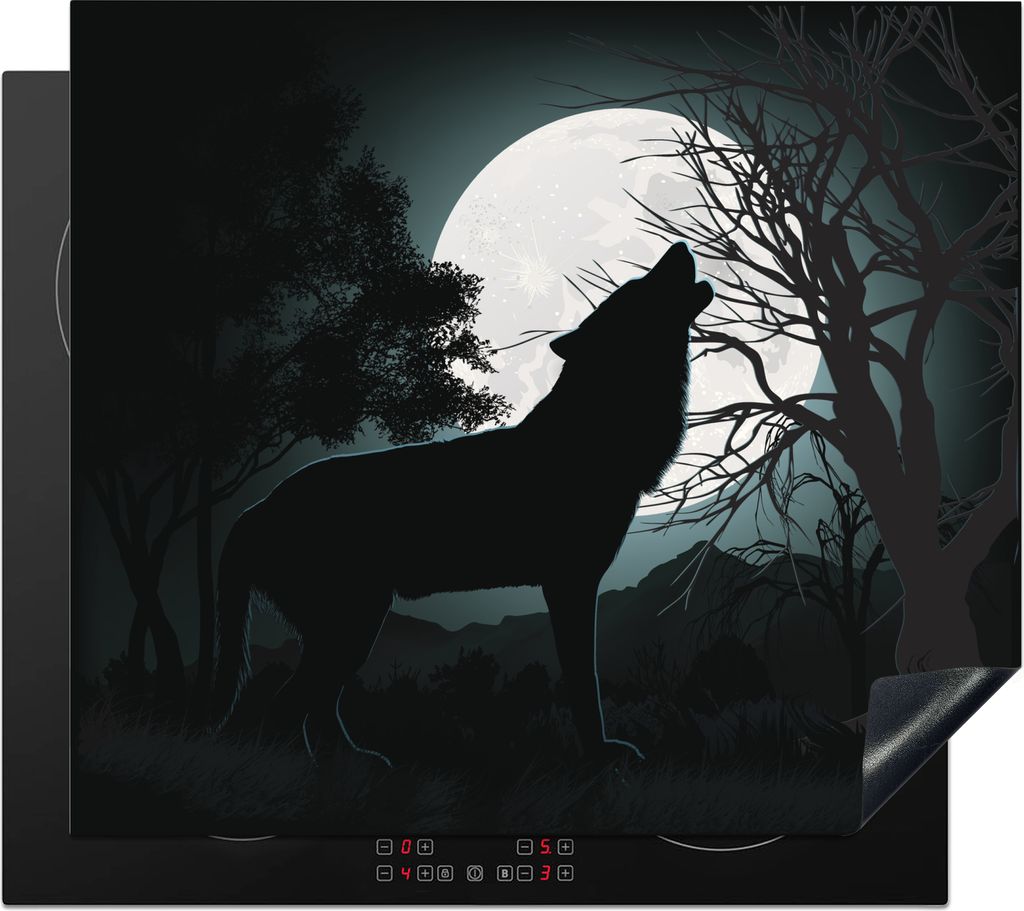 KitchenYeah Herdabdeckplatte Wolf - Scherenschnitt - Mond , 57x51cm, Küche Deko, Glaskeramikfeld Herdabdeckung, Abdeckplatte fùr Kochfeld