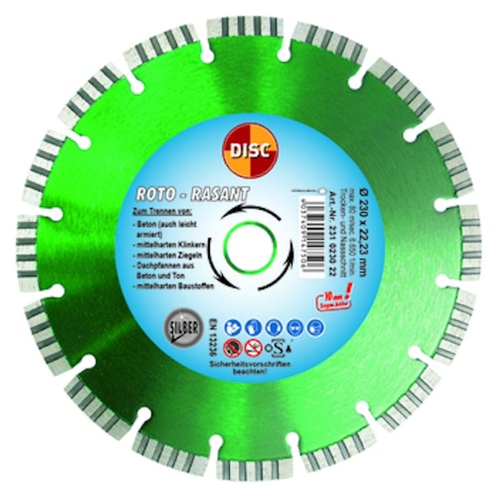 Disc Diamant Trennscheibe Roto-Rasant 230x22,23 mm Beton Klinker Ziegel