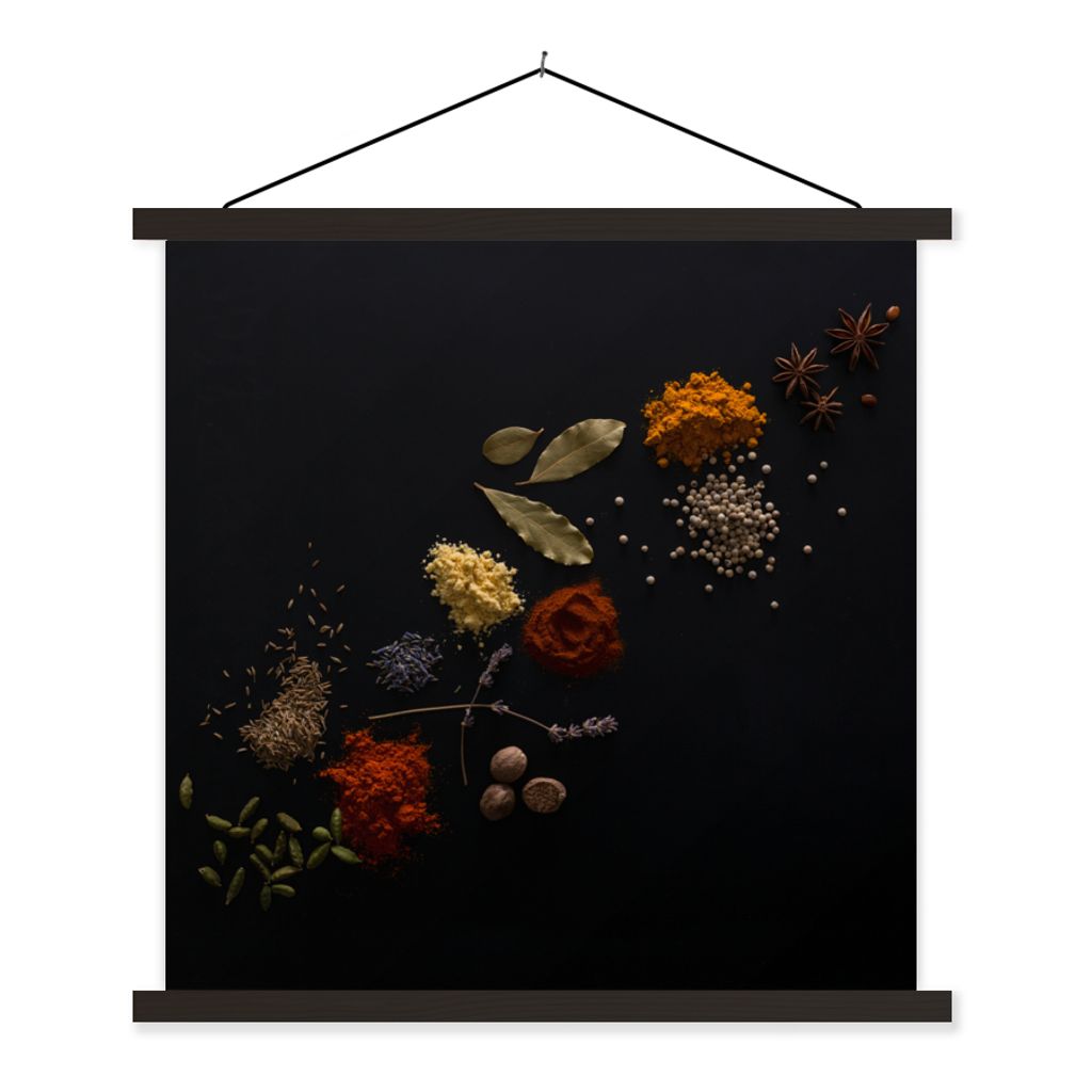 MuchoWow Textilposter Kräuter - Schwarz - Gewürze - Küche - Kochen 120x120 cm mit schwarzem Rahmen - Aufhängungsset