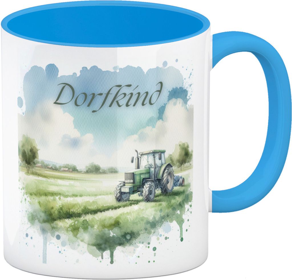 Grüner Traktor auf der Wiese Dorfkind Kaffeebecher in hellblau