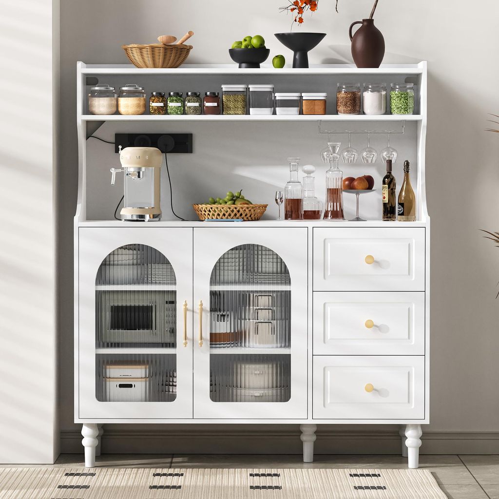 Hochschrank Sideboard Kommode mit Steckdose USB & Glashalter, Anrichte Küchenschrank mit 3 Schubladen & verstellbaren Ablagen, 120x40x138,5 cm, We...
