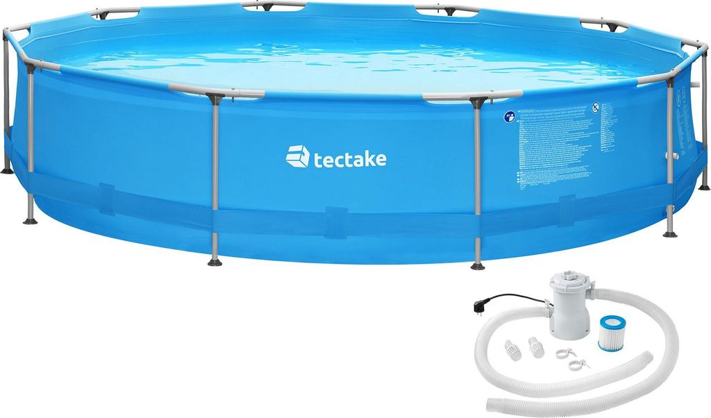 A round, blue swimming pool with a metal frame, shown with a water filter pump and hoses next to it.