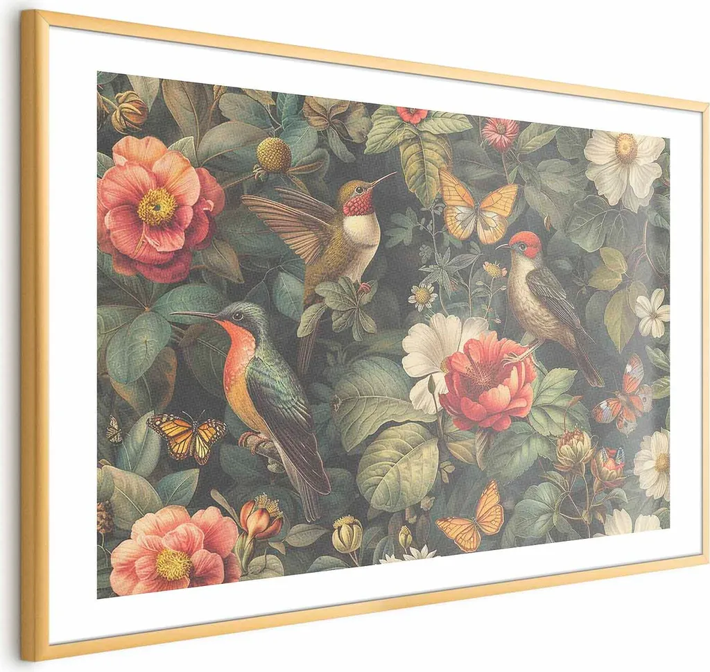 Quadro Floreale Vintage 60x40 | Cornice Oro con Margine Bianco
