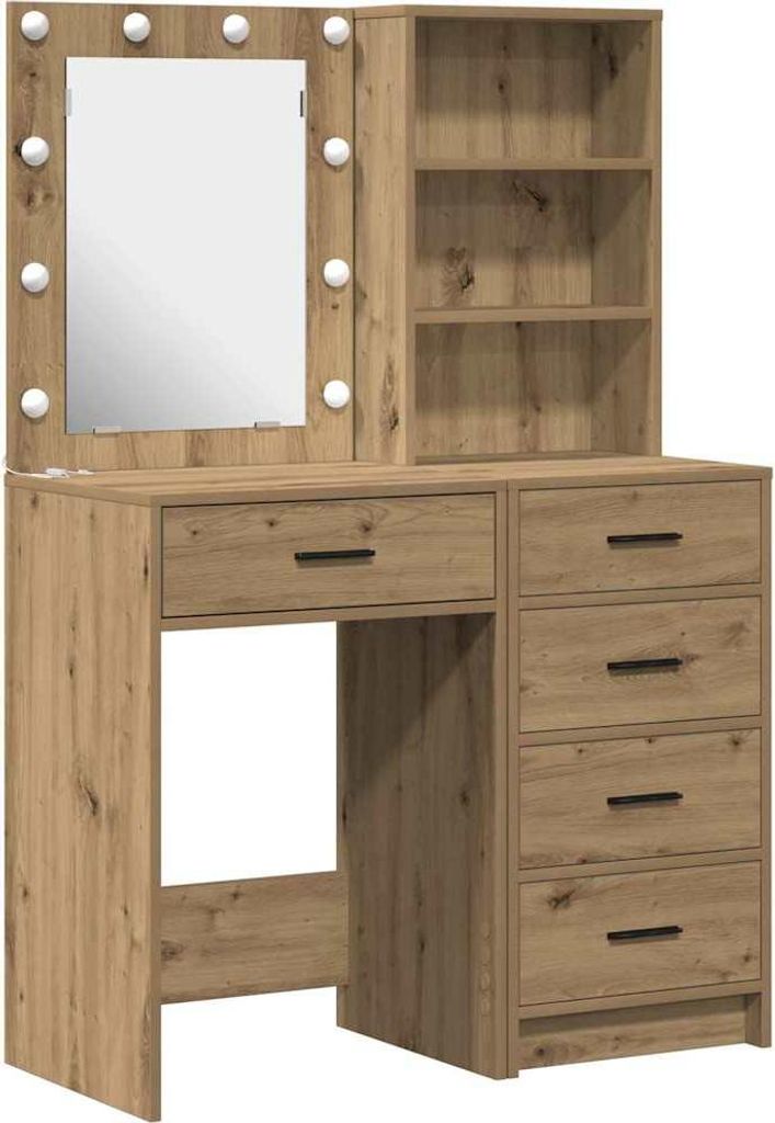 A vanity table with a mirror and shelves, made of wood-look material.