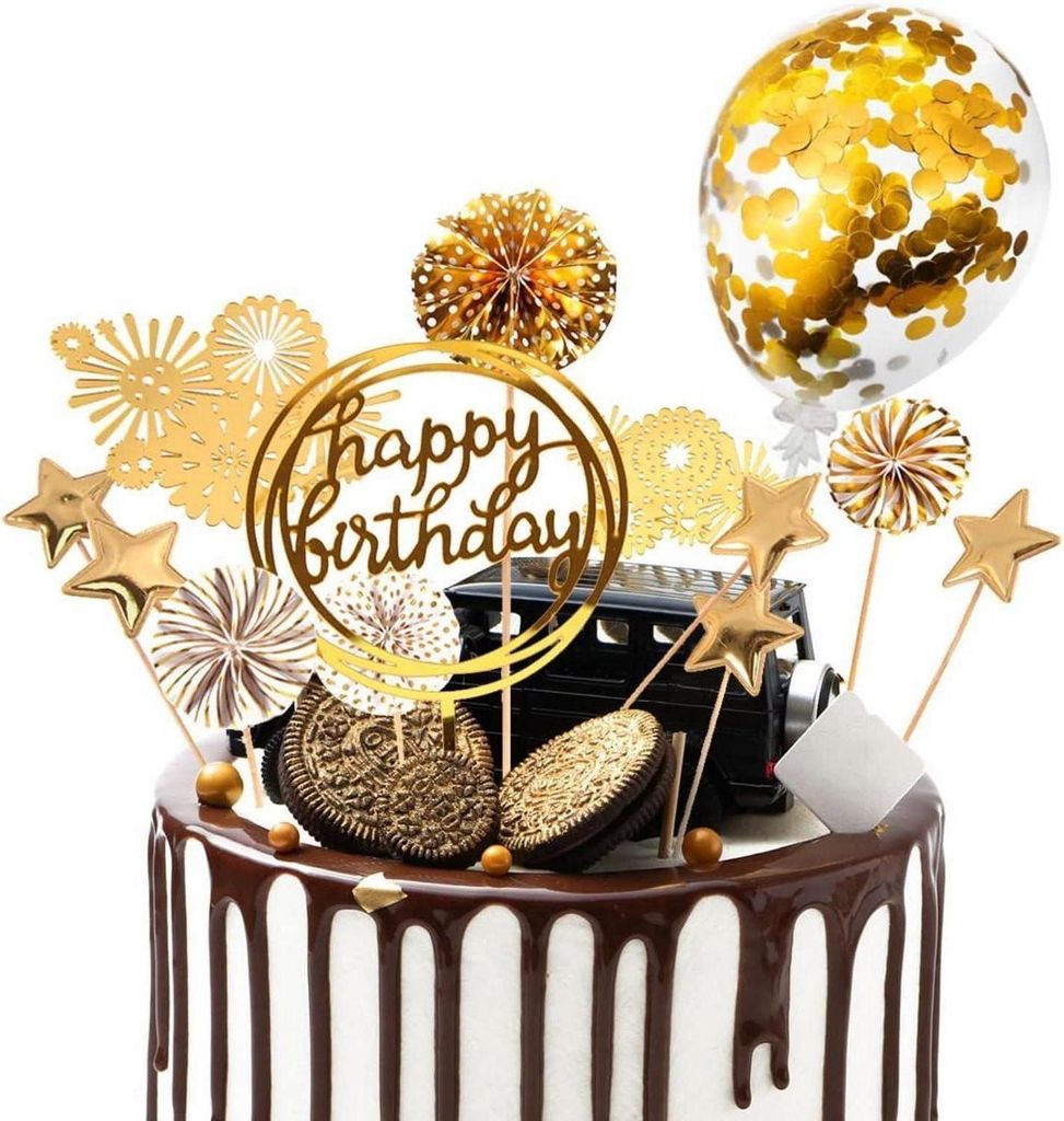 Goldene Geburtstagstorte Deko Cake Topper Feuerwerk Sterne Produktbild 