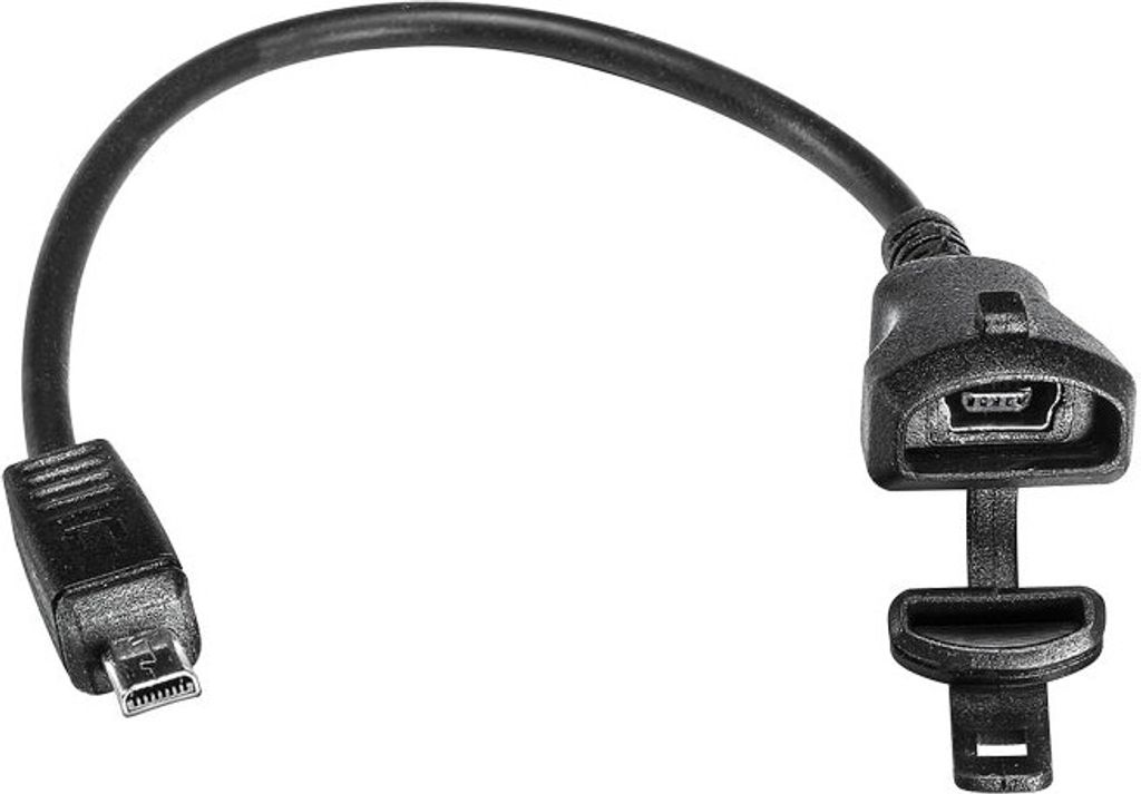 A black USB cable adapter with a micro USB connector on one end and a USB-A female port on the other, with a protective cap.