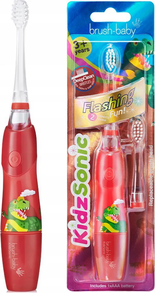 BRUSH-BABY | Spazzolino sonico KidzSonic - Dino - Rosso - per bambini - Pulizia delicata - 2 modalità