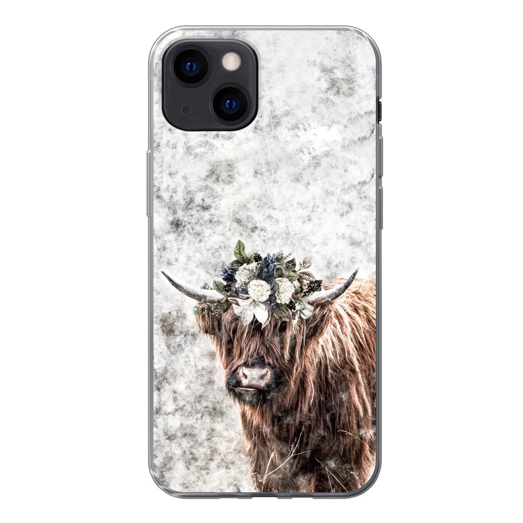 MuchoWow Handyhülle Schutzhülle Hülle für iPhone 13 mini Schottischer Highlander - Marmor - Blumen Silikon Softcase Handy Hülle - Softcase