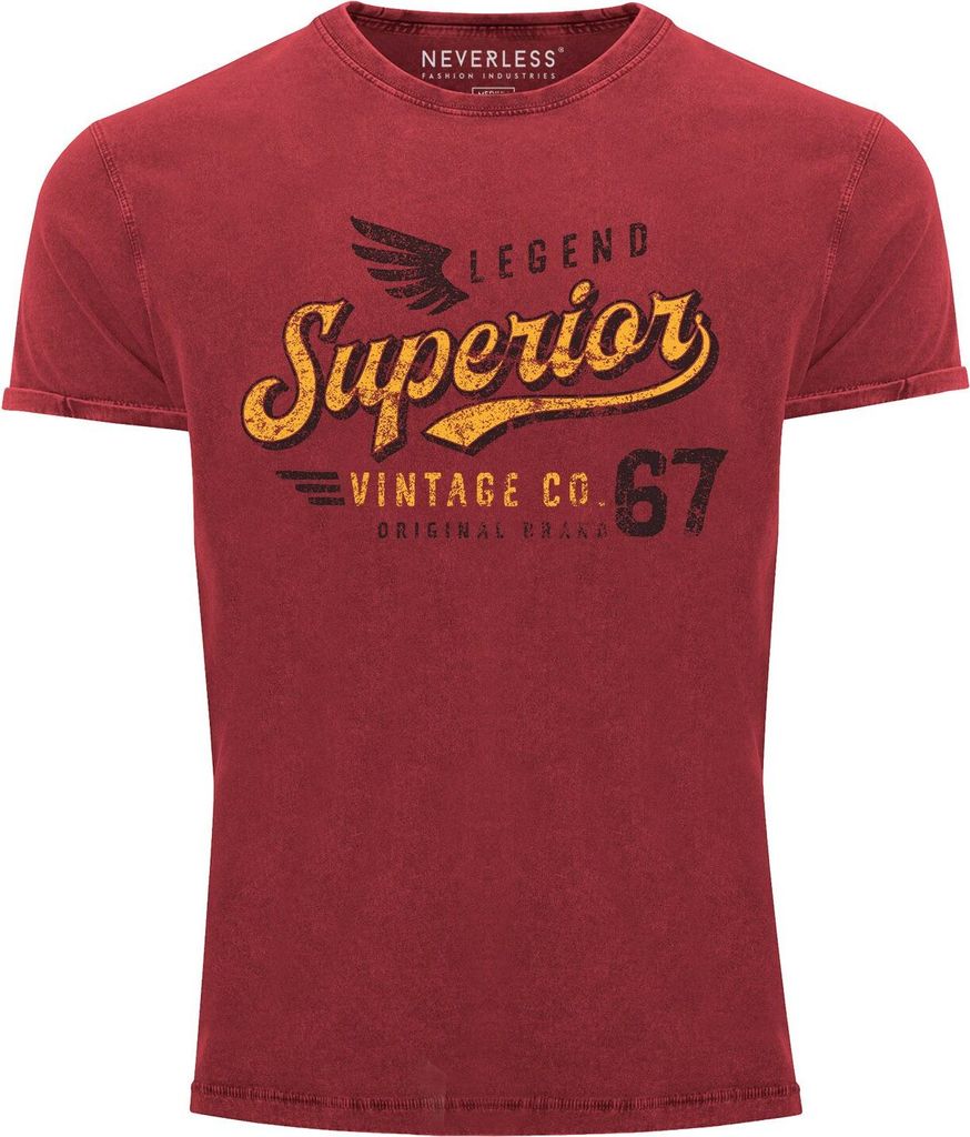 Herren Vintage Shirt Retro Motiv Schriftzug Superior Legend Flügel Printshirt T-Shirt Aufdruck Used Look Slim Fit Neverless rot M