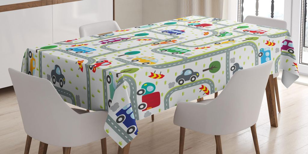 ABAKUHAUS Autos Tischdecke, Verkehrsregeln mit Zeichnung Kindisch Kindergarten Themen Allee Strassen Bäume, 140 x 200 cm, Mehrfarbig