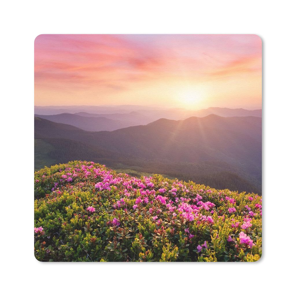 MuchoWow Mauspad Mousepad Blumen - Berg - Sonnenuntergang - Landschaft 20x20 cm - Mousepads - Maus Mat - Pad - Mausunterlage - Desk Mat - Bureaua...
