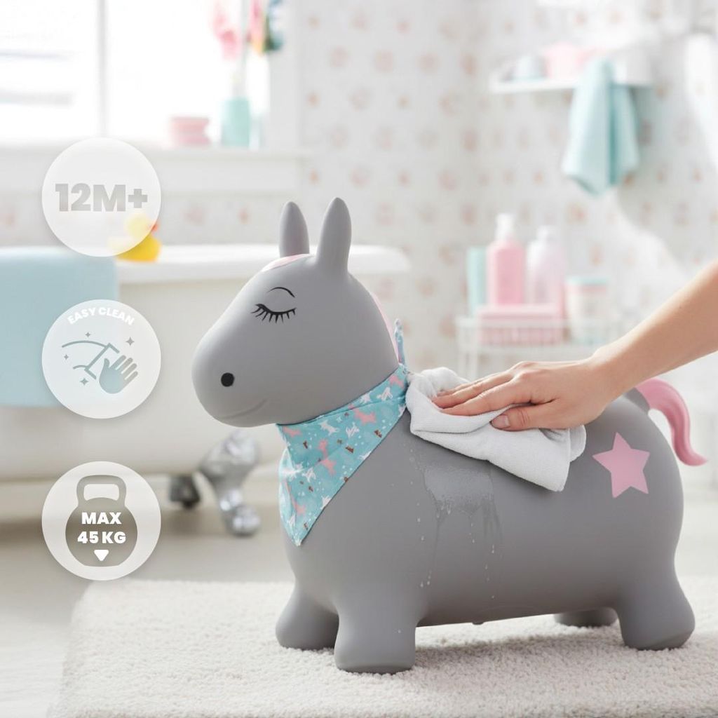 A grey inflatable pony toy is being wiped with a cloth in a bathroom setting.