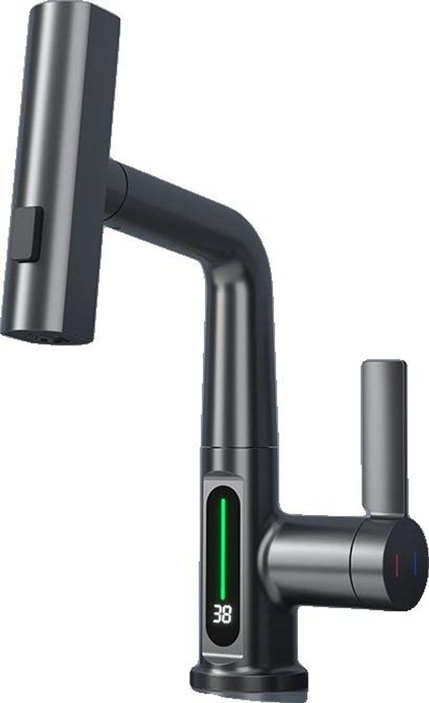Waschtischarmatur, digitales Temperaturdisplay, ausziehbares Design, Waffen-Grau