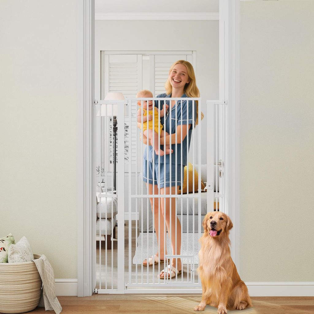 COSTWAY Türschutzgitter Hunde, Absperrgitter, 77-104 cmx150 cm, Schutzgitter mit Tür, 2 Erweiterungen, Türgitter, Hundegitter ausziehbar, Metall...