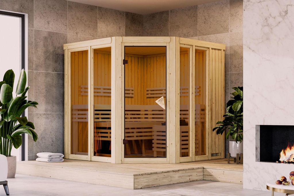 Karibu Sauna Innensauna Airi Eckeinstieg Ofen 9 KW externe Strg easy 196x170x198 cm ohne Dachkranz
