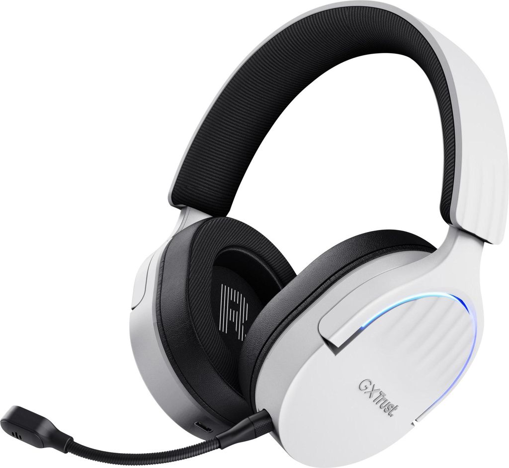 A white and black gaming headset with a microphone is shown against a white background.