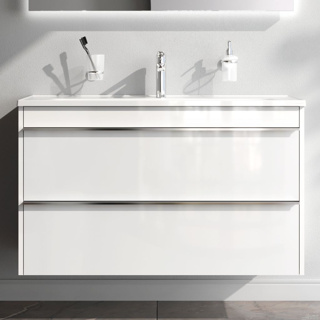 AM.PM Badmöbel Set Badezimmerschrank mit Waschbecken Hängender Waschbecken mit Unterschrank mit Soft Close, mit 2 Schubladen, 100cm, Weiß glänzend