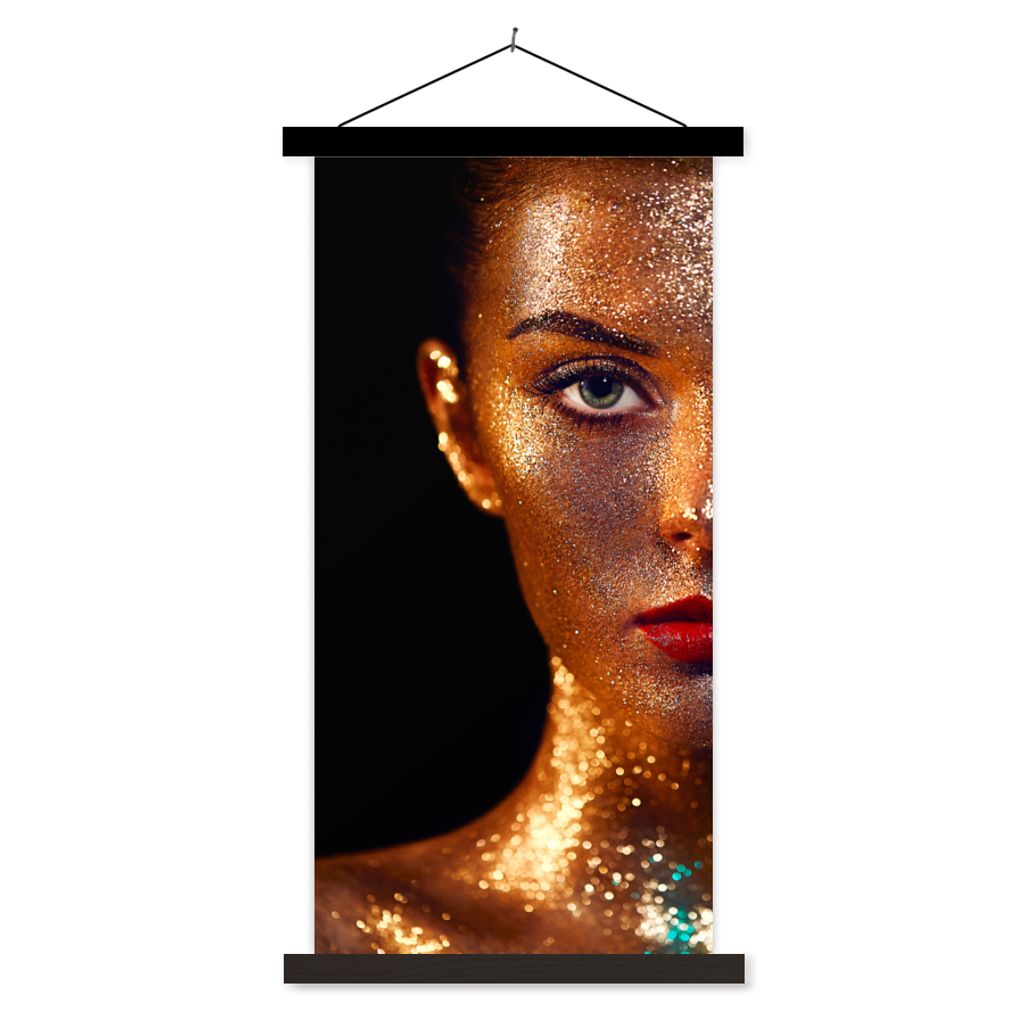 MuchoWow Textilposter Make-up - Gold - Frau - Luxus - Glitzer - Kunst 40x80 cm mit schwarzem Rahmen - Wandemalerei