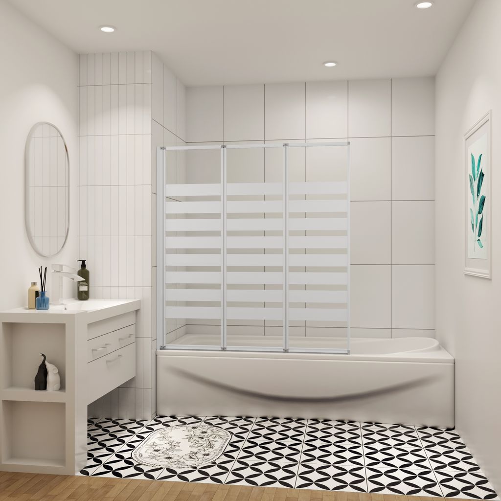 A modern bathroom with a bathtub and a shower screen.