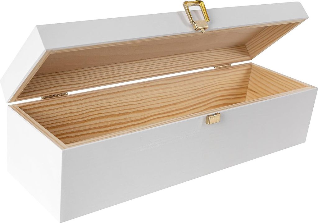 An open white wooden box with a gold latch, showing the natural wood interior.