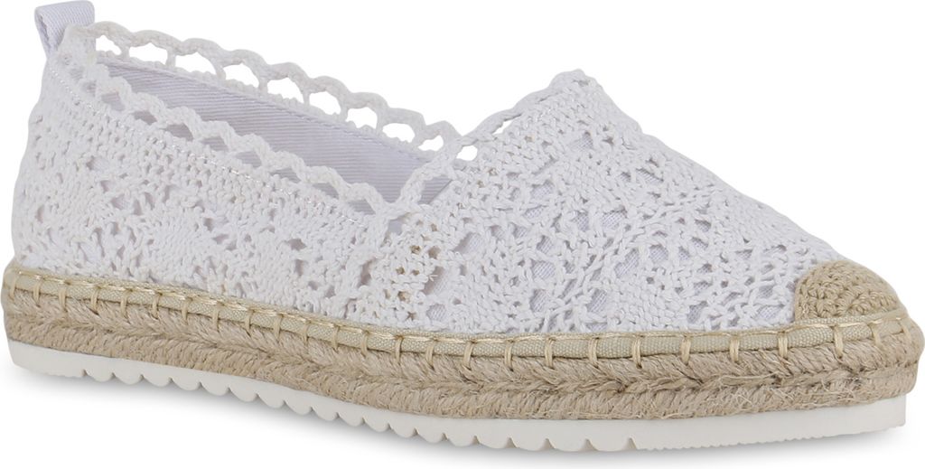 VAN HILL Damen Espadrilles Slippers Spitze Bast Profil-Sohle Schuhe 841310, Farbe: Weiß, Größe: 41