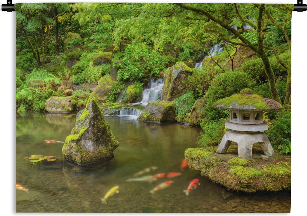 MuchoWow Wandteppich Wandbehang Wasserfall - Koi - Japanische Laterne - Moos - Wasser 120x90 cm Tapisserie Dekoration Wandtuch - Wohnen - Aufhän...