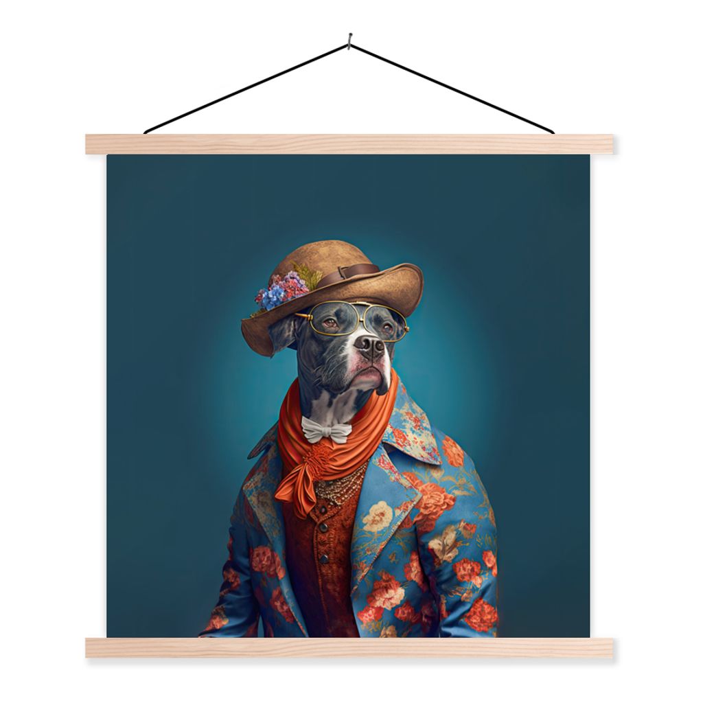 MuchoWow Textilposter Hund - Jacke - Blumen - Hut - Blau 120x120 cm mit holzfarbenen Rahmen - Textil-Poster